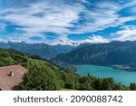 Small photo of Landscape in Beatenberg with Lake Thun and the Bernese triumvirate of Eiger, Moench and Jungfrau in the background. Beatenberg is a village above Lake Thun in the Bernese Oberland in Switzerland.