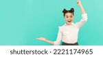 Small photo of Yippee. Happy kid give winning gesture showing open hand. Celebrating success. Success in studies. Child face, horizontal poster, teenager girl isolated portrait, banner with copy space.