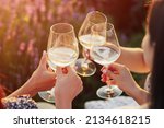 A group of girlfriends raise a toast with glasses of white colored wine on a sunset. Close shot.