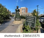 Small photo of New York, NY USA - October 26, 2023 : View of Swing Low: Harriet Tubman Memorial sign and statue by artist Alison Saar on St. Nicholas Avenue and Frederick Douglass Boulevard in Harlem, New York