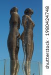 Small photo of Batumi, Adjara, Georgia-05-02-2021: Ali and Nino dynamic sculpture by sculptor Tamara Kvesitadze, based on Ali and Nino novel by Kurban Said about love of muslim Ali and Georgian christian girl Nino