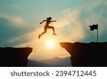Small photo of Effort and commitment to success. Silhouette of a woman jumping over a cliff to reach the finish line on mountain with bright sunny sky. concept of setting Goals for your own victories and training