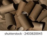 Used empty toilet paper rolls on a brown background.