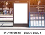 Mockup of a blank empty white advertising urban billboard, placeholder template at city tram stop, space for design layout.    