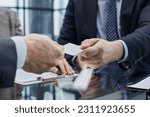 Small photo of businessman offer personal contact information to customer, acquaintance concept