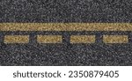 Small photo of Seamless asphalt texture with dual yellow unbroken and interrupted lines at the center for lane division and controlled overtaking, grunge tarmac surface with double stripes, road maintenance concept