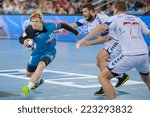 Small photo of ZAGREB, CROATIA - OCTOBER 11, 2014: EHF Men's Champions League, match between HC Zagreb and HC Metalurg. Pavel ATMAN (19) with the ball