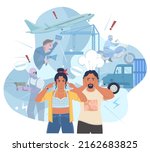Noise pollution poster. Vector people suffering from loud noisy city sound illustration. Man woman dwellers covering ears to stop hearing tinnitus