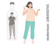 Addiction to alcohol and depression concept. Unhappy woman woman trapped in a bottle. Sad drunk female person, exhausted alcoholic. Social issue, abuse, addiction.  vector Illustration