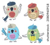 Hand Drawn Birds In Berets...
