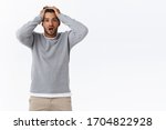 Small photo of Missed opportunity, failure concept. Upset let down handsome guy facing unlucky situation, grab head, holding hands on hair and gasping troubled, standing anxious and embarrassed, white background