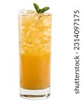 Small photo of Fresh summer cocktail in glass on white background. Sea Buckthorn Lemonades. Orange Alcoholic cocktail. Peach iced tea or lemonade
