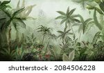 Tropical vintage botanical landscape illustration, palm tree, plant floral border background. Exotic green jungle background and wallpaper, Forrest, Rainforest, Plant and Nature Illustration