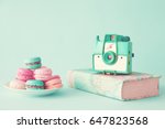 Pastel french macarons and vintage photo camera
