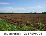 View over cultivated farm field.  Ploughed soil earth ready for growing crops. Brown farmland landscape in early summer 