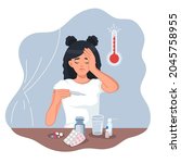 a sick girl measures her body... | Shutterstock .eps vector #2045758955