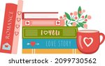Stack of book with cup of tea or coffe and flowers. Valentines day books. Gift for Valentine day. Love story, romance, books about love.  Vector illustration in flat style for store, shops, libraries