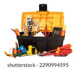 Composition with electrician tools and accessories isolated on white background. Tool box. Electrician's tool. Banner.MOCKUP