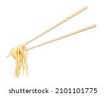 Wooden chopsticks with tasty noodles, isolated on white background