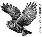 Hand Drawn Engraving Pen and Ink Owl Flying Vintage Vector Illustration