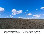 plowed field, white clouds in the blue sky over a plowed field, sunny day, agricultural processing of fields