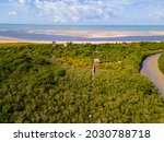 Small photo of Gigica Ecological Walkway over the mangrove swamp and at the end of the river and open sea beach. City of Mucuri, in southern Bahia in northeastern Brazil.