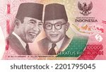 Small photo of Close up new issuance of Rupiah banknotes in 2022 isolated on white background. New denomination of 100.000 or one hundred thousand rupiah