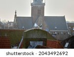 A bird on the roof of an old holland town. High quality photo