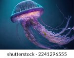 a jellyfish with a purple body and blue tentacles is swimming in the water with a blue background and a blue sky. .