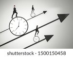 Small photo of Time is money and race against time concept with business people trying to outrun time.