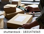 Female warehouse worker seller, small stock business owner holding phone scanning retail package parcel bar code on commercial shipping box delivery order on smartphone using mobile app.