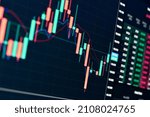 Stock exchange online trading platform chart candlesticks bars, tickers digital data on crypto currency trade financial market platform. Stockmarket graph statistic. Computer screen closeup background