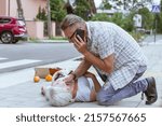 Small photo of Senior passerby kneels beside the person who fainted on the street and calls an ambulance