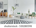 Spacious white room with pattern carpet, sofa and armchair