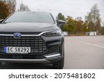 Small photo of Tonsberg, Norway - September 13, 2021: black BYD Tang is a new SUV electric car from China