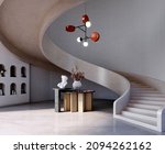 3d rendering,3d illustration, Interior Scene and  Mockup, Modern style,staircase corner,red-brown lamp and black.