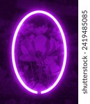 Small photo of Dark pink or purple background. Floral background pattern with glowing neon light frame and oval or ellipse shape.