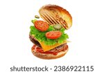 Small photo of Hamburger with separate parts. Isolated in white background. with ham, tomato, cheese, onion, sesame seeds, lettuce leaves. (Burger parts, Hamburger parts, Burger, Burgers, Hamburger, Hamburgers)