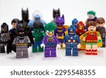 Small photo of Lego Marvel. Superheroes and villains. Batman, Captain America, Hulk, Robin, Joker, Ironman, Catwoman, Superman, Venom. Toys for childrens. Small plastic figures. Fight of good against evil. Isolated.