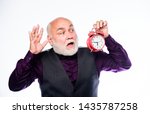 Small photo of Being late is habit. time management. business startup. retirement. watchmaker or watch repairer. mature man with beard clock show time. mature bearded man with alarm clock. time and age. Timekeeping.