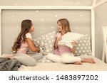 Small photo of Girls happy best friends sleepover domestic party. Sleepover time for fun gossip story. Best girls sleepover party ideas. Soulmates girls having fun sleepover party. Childhood friendship concept.