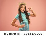 Beauty pageant. Focus on beauty. Little princess. Girl wear crown. Princess manners. Award concept. Winner of beauty competition. International beauty contest. Kid wear golden crown symbol of glory