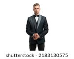 Small photo of grizzled handsome man in bow tie suit. businessman isolated on white. leader in tux formal wear