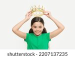 Small photo of Behaving like princess is work. Kid wear golden crown symbol of princess. Girl cute child wear crown. Childhood concept. Every girl dreaming to become princess. Lady little princess. Royal family