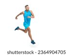 Small photo of The jogger ran at sport training isolated on white, banner. In a morning sport workout jogger run in studio. The jogger stretched legs before running. sport jogger listen to music in headphones