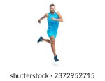 Small photo of sport jogger listening to music in headphones. The jogger ran at sport training isolated on white. In a morning sport workout jogger run in studio. The jogger stretched legs before running