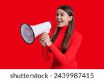 Small photo of Teen girl with loudspeaker isolated on red. Sale announcement. Announce advertisement. Hurry up. Season sale. Promotion offering of sale. Teen girl announcer promote idea. Announcement concept
