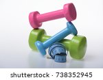 dumbbells near blue rolled... | Shutterstock . vector #738352945