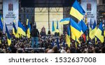 Small photo of KYIV, UKRAINE - Oct. 14, 2019: Defender's Day of Ukraine. Thousands ukrainians attend rally against surrender on the Independence Square in Kyiv, Ukraine. Text - Capitulation Resistance Headquarters