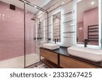 Small photo of Exclusive design of the bathroom, decorated in the art style. Stylish accessories, a shower behind a glass partition.